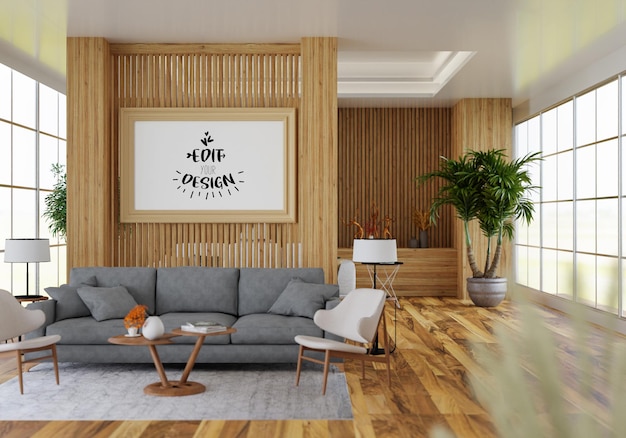 Poster frame in living room psd mockup