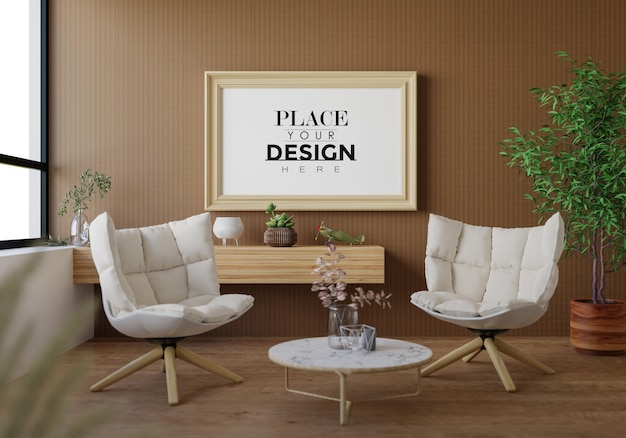 Poster frame in living room psd mockup