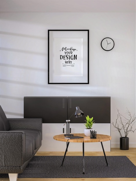 Poster frame in living room psd mockup