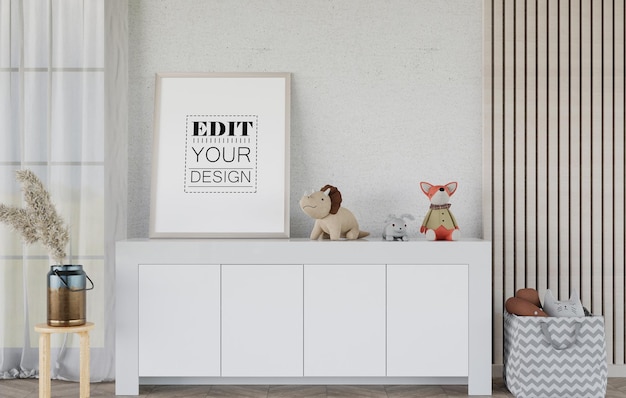 Poster frame in living room psd mockup