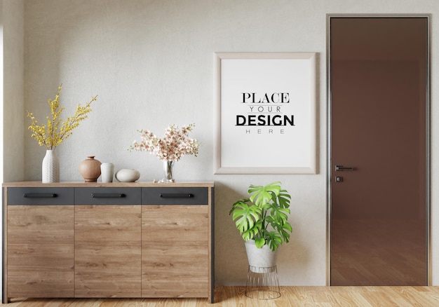 Poster frame in living room psd mockup