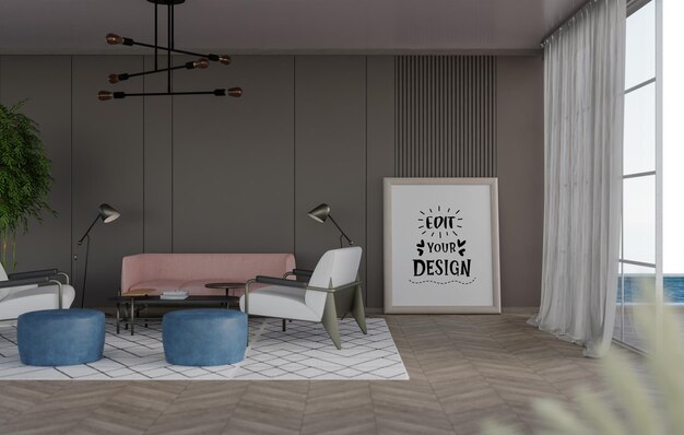 poster frame in living room psd mockup