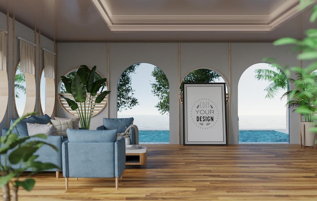 Poster frame in living room psd mockup