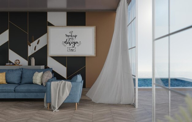 Poster frame in living room psd mockup