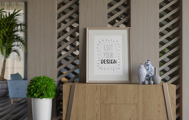 Poster frame in living room psd mockup