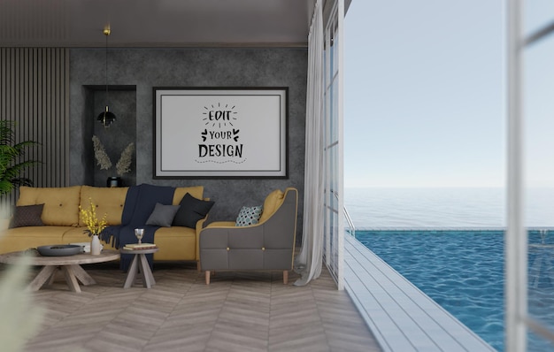 Poster frame in living room psd mockup