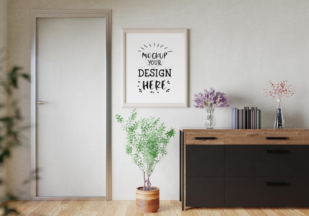 Poster frame in living room psd mockup