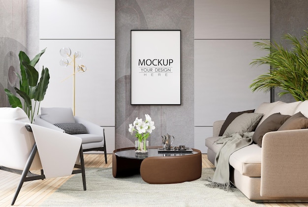 Poster frame in living room psd mockup