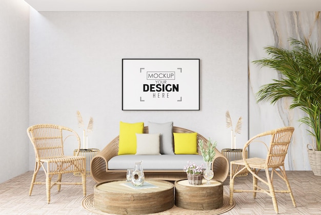 Poster frame in living room psd mockup