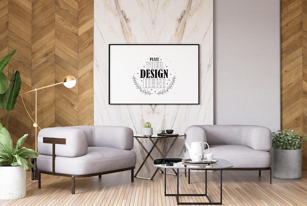 Poster frame in living room psd mockup