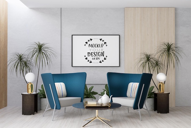 Poster frame in living room psd mockup