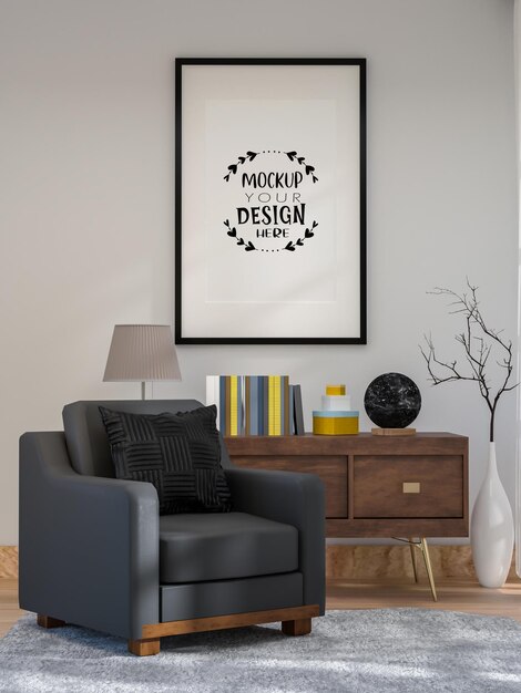 Poster frame in living room psd mockup