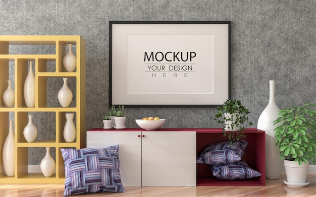 Poster frame in living room psd mockup