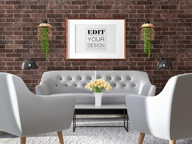 Poster frame in living room psd mockup