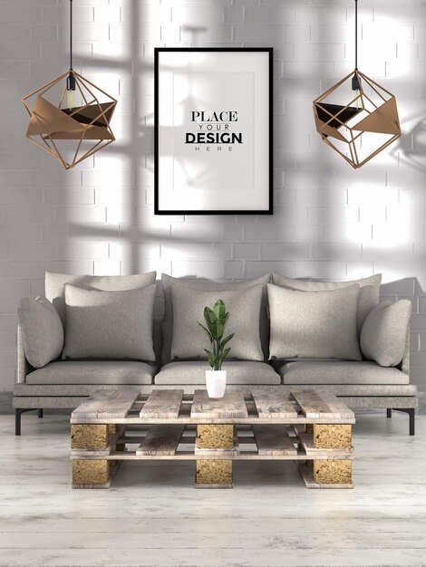 Poster frame in living room psd mockup