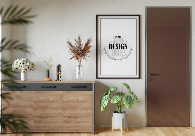 Poster frame in living room psd mockup