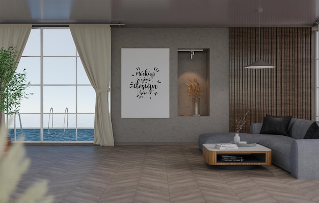 Poster frame in living room psd mockup