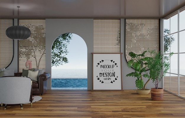 Poster frame in living room psd mockup