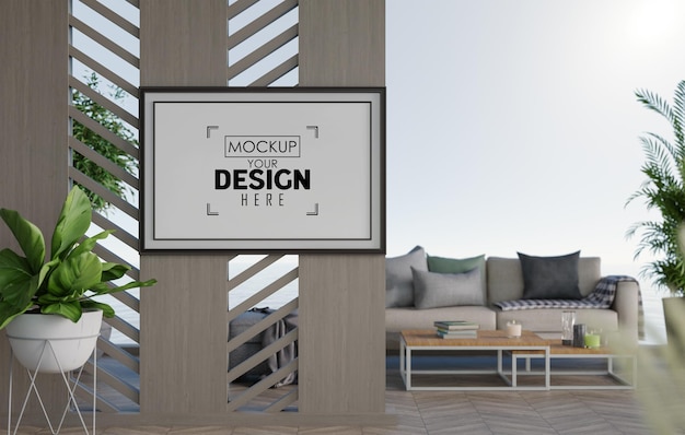 Poster frame in living room psd mockup