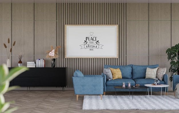 Poster frame in living room psd mockup