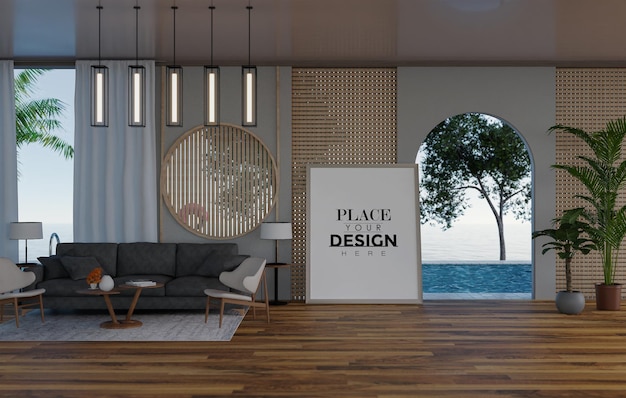 Poster frame in living room psd mockup