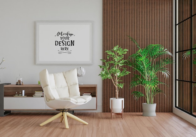 Poster frame in living room psd mockup