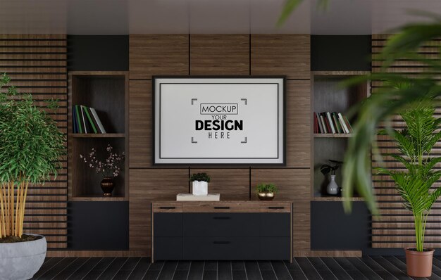 Poster frame in living room psd mockup