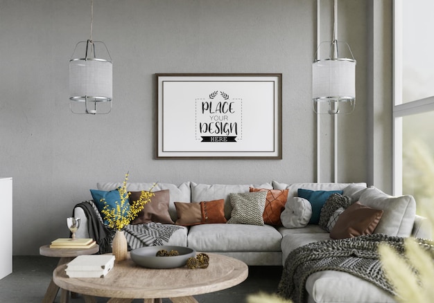 Poster frame in living room psd mockup