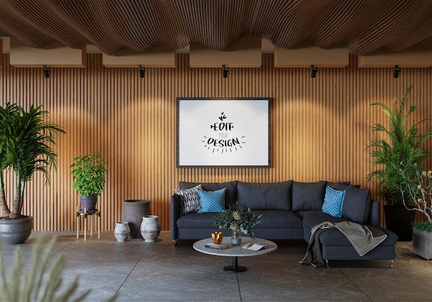 Poster frame in living room psd mockup