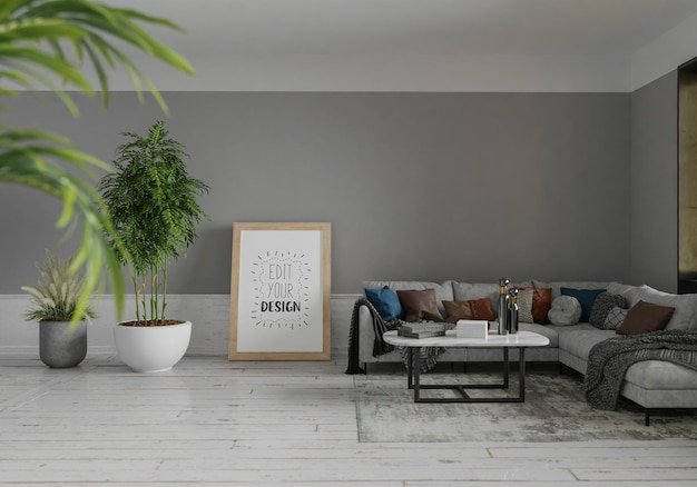 Poster frame in living room psd mockup