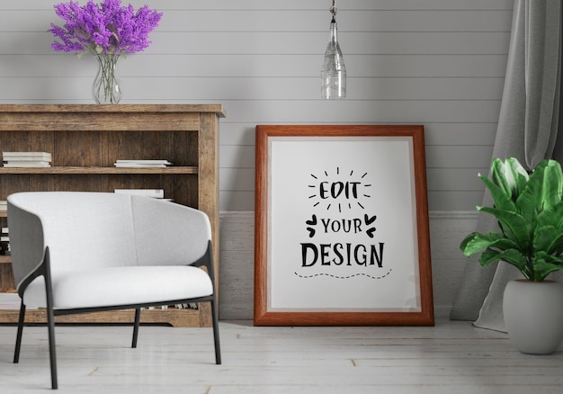 Poster Frame in living room Psd Mockup