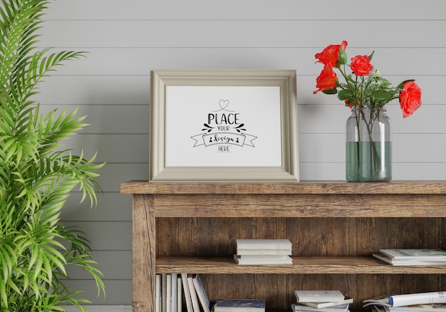 Poster frame in living room psd mockup