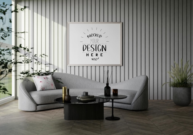 Poster frame in living room psd mockup