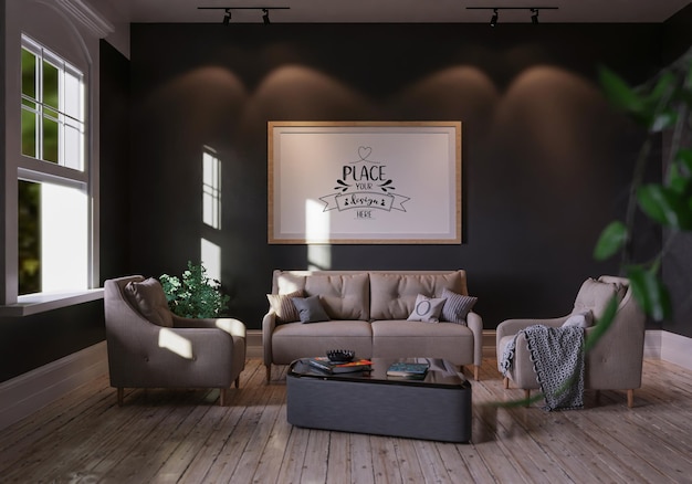 Poster Frame in living room Psd Mockup