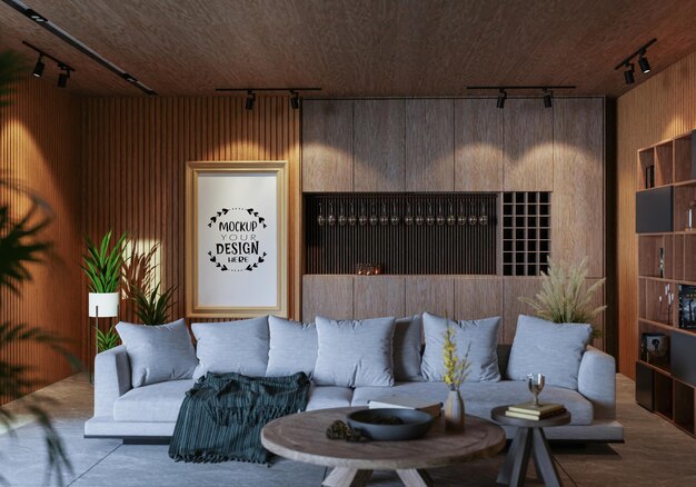 Poster frame in living room psd mockup