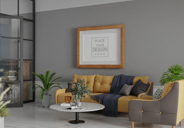 Poster frame in living room psd mockup