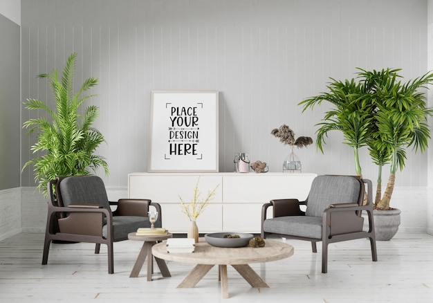 Poster frame in living room psd mockup