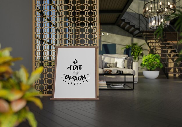 Poster frame in living room psd mockup