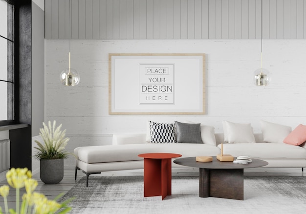 Poster frame in living room psd mockup