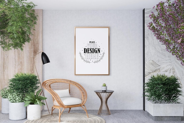 Poster frame in living room psd mockup