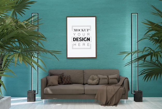 Poster frame in living room psd mockup