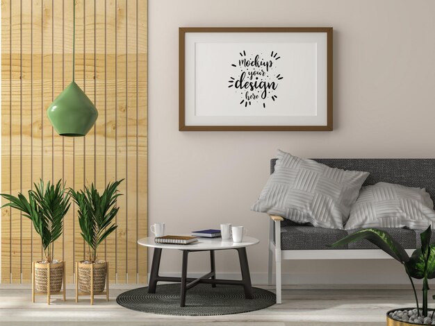 Poster frame in living room psd mockup