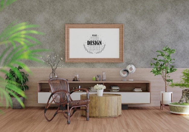 Poster frame in living room psd mockup