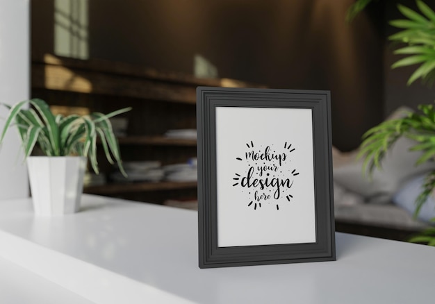 Poster frame in living room psd mockup