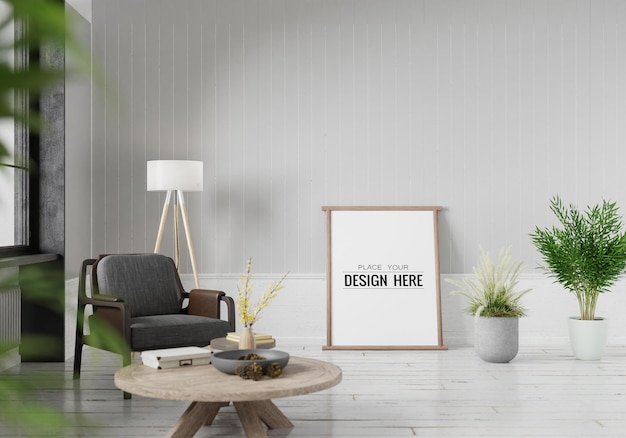 Poster frame in living room psd mockup