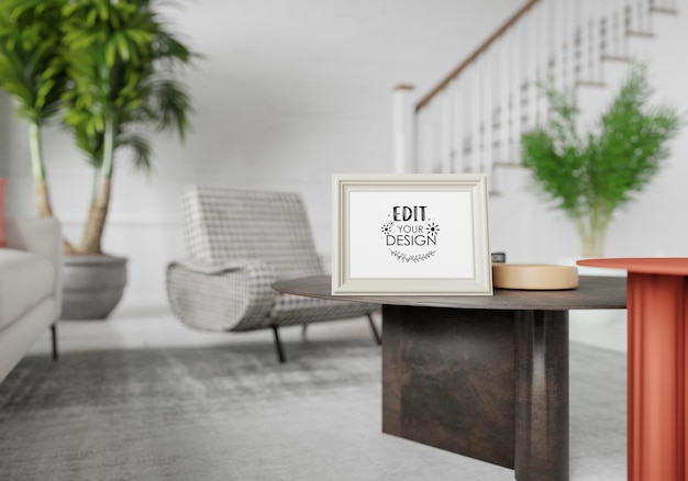 Poster frame in living room psd mockup