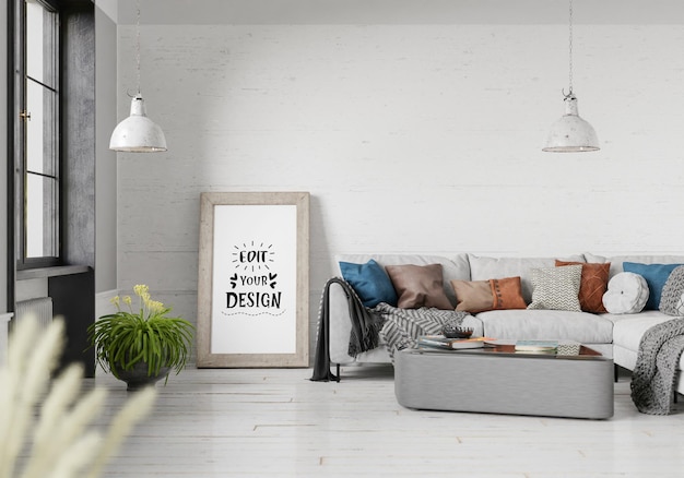 poster frame in living room psd mockup
