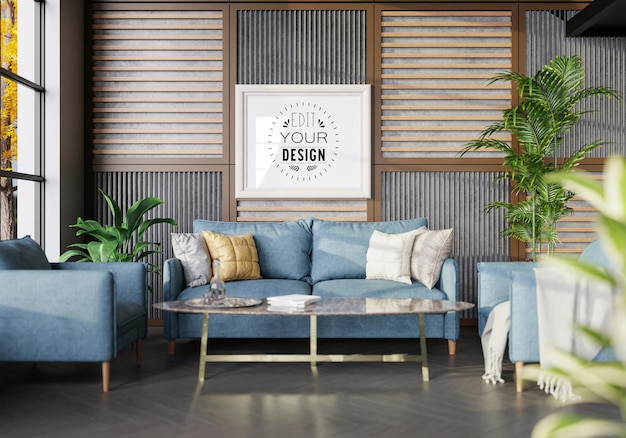 Poster frame in living room psd mockup