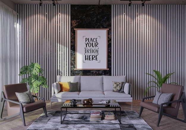 Poster frame in living room psd mockup