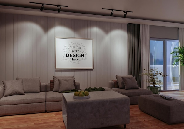 Poster frame in living room psd mockup